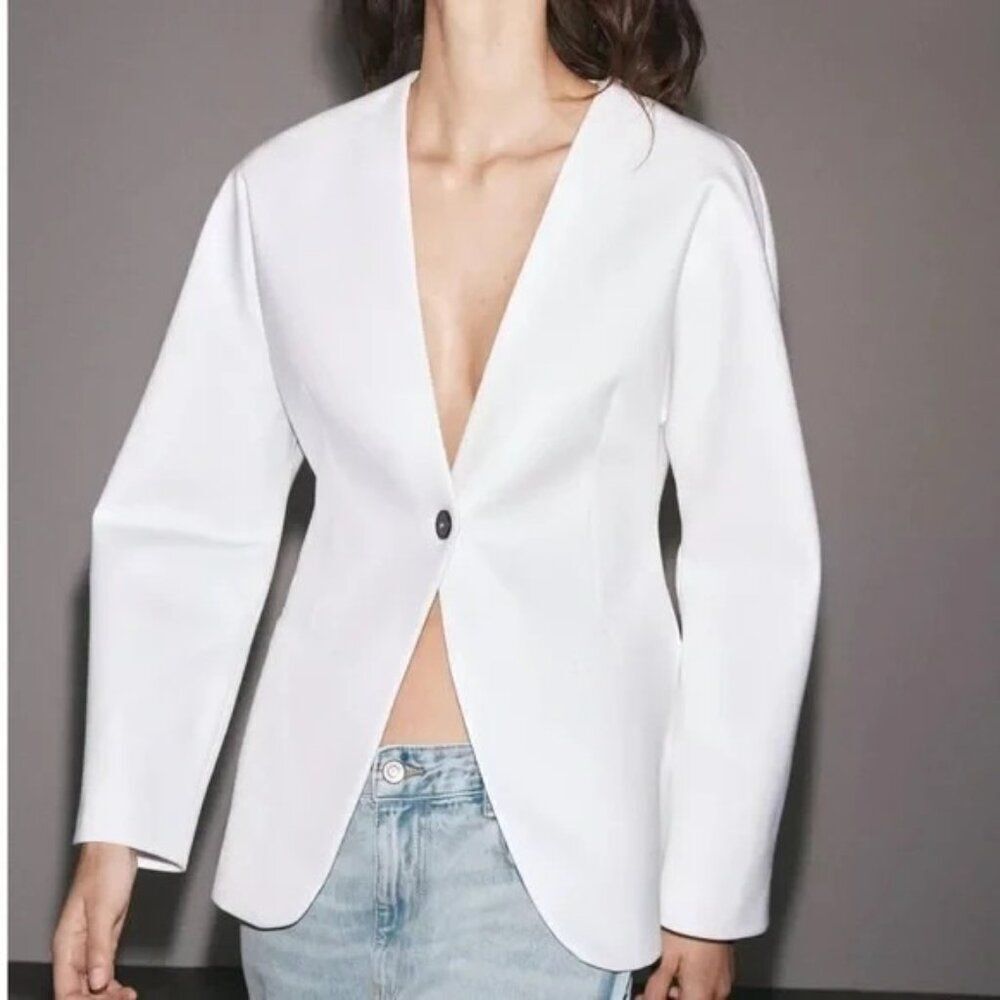 Zara Womens Blazer Jacket S Small White Single Breasted Cotton 3237/303 NWT